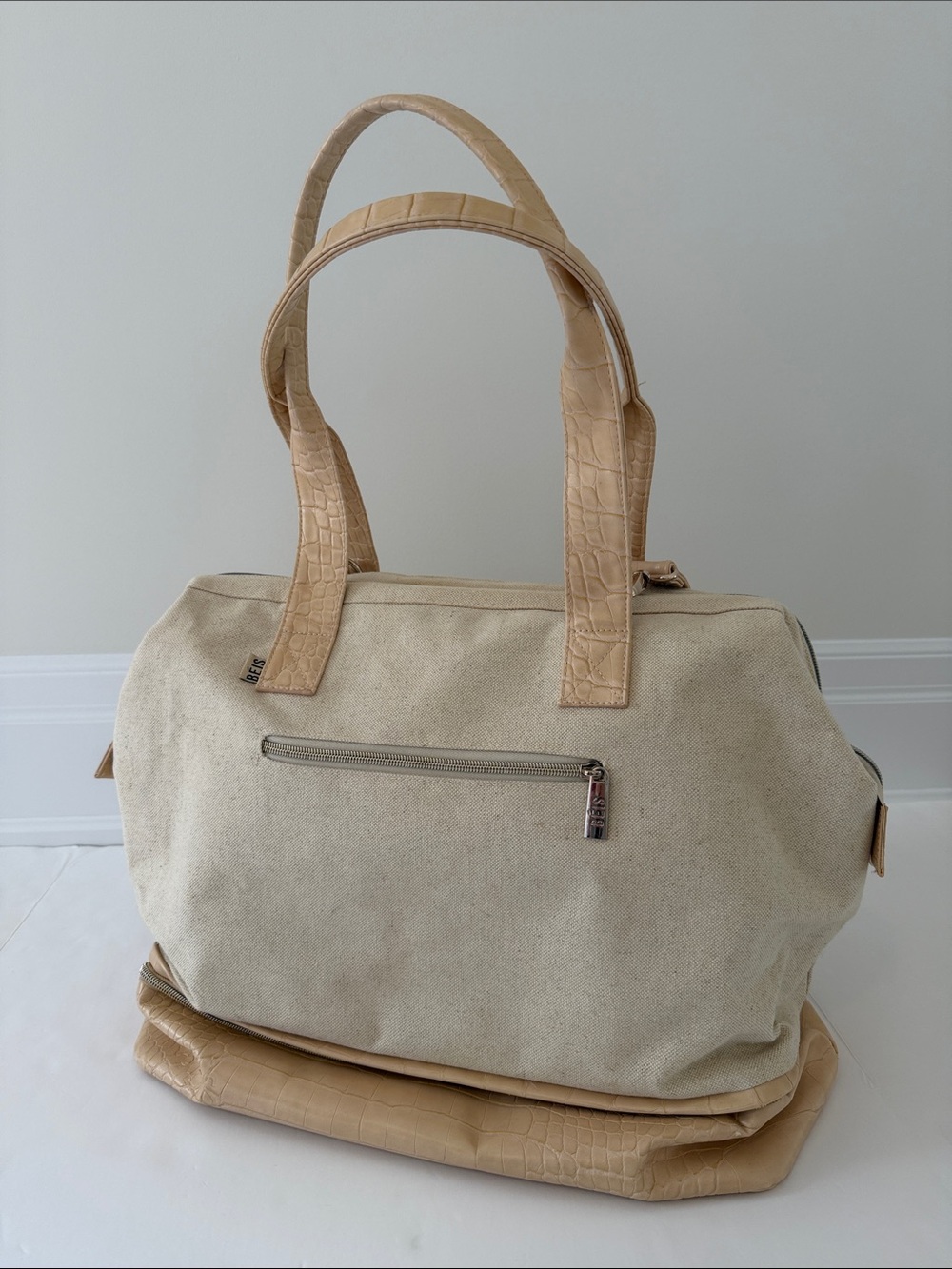 BEIS Weekender Tote Bag with Croc-Texture Trim - Beige